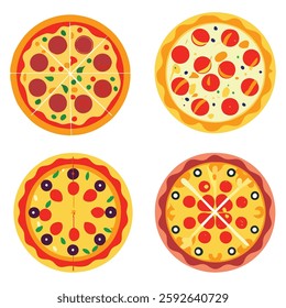 Hand Draw Pizza set with various ingredients in cartoon style