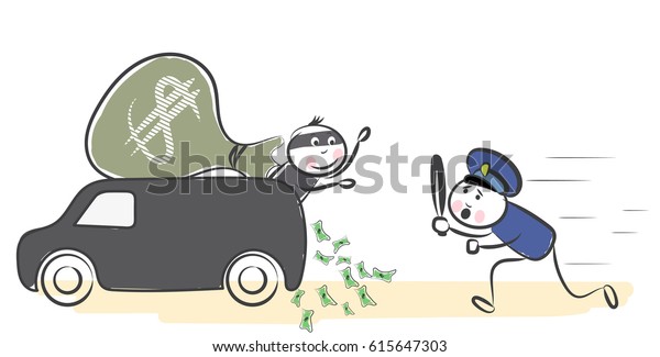 hand draw policeman runs after the criminal\
in the carsits. Doodle miniature scenes. Hand drawn vector\
illustration for web design and\
infographic.