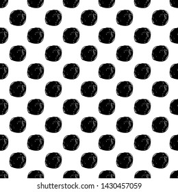 Hand Draw Polka Dots Seamless Pattern. Vector Black ink Brush. The texture of the pencil. Monochrome pattern for printing on fabric, packaging paper and other things.
