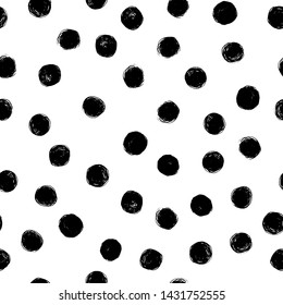 Hand Draw Polka Dots Seamless Pattern. Vector Black ink Brush. The texture of the pencil. Monochrome Scandinavian pattern for printing on fabric, packaging paper and other things.