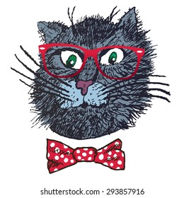 Hand draw portrait of cat hipster in red sun glasses