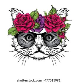 Hand draw portrait of cat wearing a wreath of flowers. Vector illustration