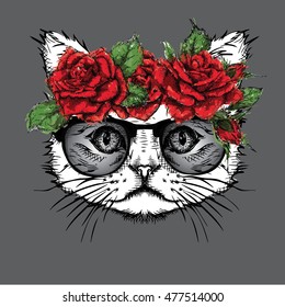 Hand draw portrait of cat wearing a wreath of flowers. Vector illustration
