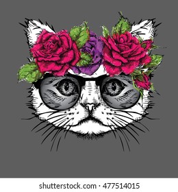 Hand draw portrait of cat wearing a wreath of flowers. Vector illustration