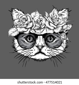 Hand draw portrait of cat wearing a wreath of flowers. Vector illustration
