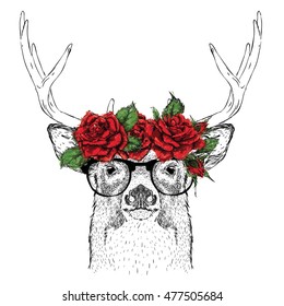 Hand draw portrait of deer wearing a wreath of flowers. Vector illustration