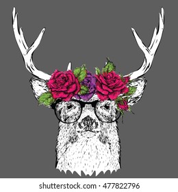 Hand draw portrait of deer wearing a wreath of flowers. Vector illustration