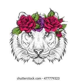 Hand draw portrait of tiger wearing a wreath of flowers. Vector illustration