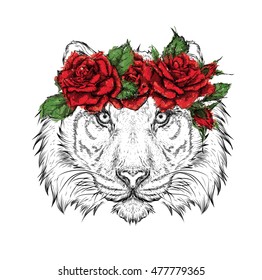 Hand draw portrait of tiger wearing a wreath of flowers. Vector illustration