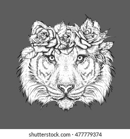Hand draw portrait of tiger wearing a wreath of flowers. Vector illustration