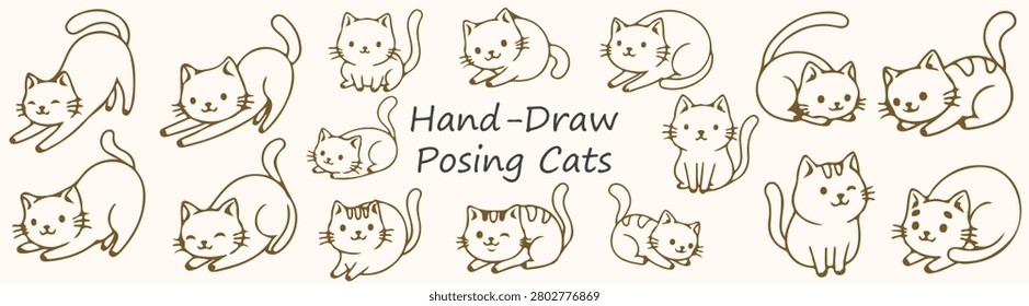 Hand Draw Posing Cats Collection Featuring Cute Sketchy Kitten Characters In Various Playful Poses For Pet Sticker Card Children Book And Animal Illustration Design Projects