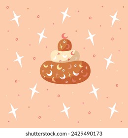 Hand draw postcard with cake, moon and stars. Pink, brown and yellow colors. Card for birthday, party, celebration and holidays. Ramadan event. Vector illustration in flat style.