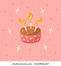 Hand draw postcard with cakes, candles and stars. Pink, brown and yellow colors. Card for birthday, party, celebration and holidays. Vector illustration in cartoon style.
