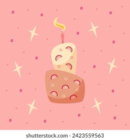 Hand draw postcard with cakes, one candle, boho rainbow and stars. Pink, brown and yellow colors. Card for birthday, party, celebration and holidays. Vector illustration in cartoon style.