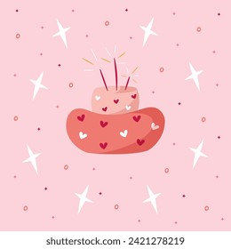 Hand draw postcard with cakes, sparklers, hearts and stars. Pink,red and yellow colors. Card for birthday, party, celebration and holidays. Cute vector illustration in cartoon style.