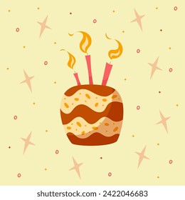 Hand draw postcard with chocolate cakes, candles and stars. Pink,brown,red and yellow colors. Card for birthday, party, celebration and holidays. Vector illustration in cartoon style.Pink background.