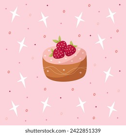 Hand draw postcard with chocolate cakes, three strawberry and stars. Pink,red and brown colors. Card for birthday, party, celebration and holiday. Vector illustration in cartoon style.Pink background.