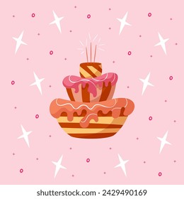 Hand draw postcard with chocolate cakes, cream, sparklers and stars. Pink,brown, yellow colors. Card for birthday, party, celebration and holidays. Vector illustration in flat style.Pink background.