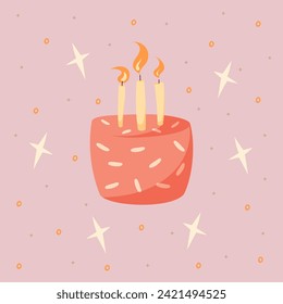 Hand draw postcard with doodle cakes, candles and stars. Pink and yellow colors. Card for birthday, party, celebration and holidays. Vector illustration in cartoon style.Pink background.