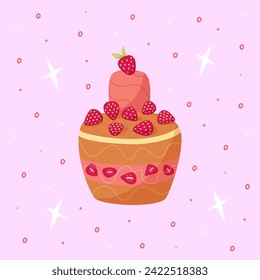 Hand draw postcard with strawberry cakes, chocolate and stars. Pink,red and yellow colors. Card for birthday, party, celebration and holidays. Vector illustration in cartoon style.Pink background.
