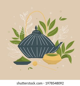 Hand draw poster with leaves and matcha in pastel tones.Template for Matcha lovers. Cool illustration with kettle and Matcha drink.
