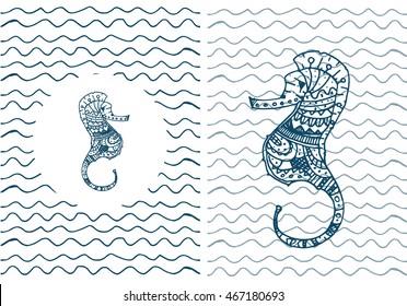 Hand draw poster templates. Doodles animal seahorse, white and blue backgrounds. 
