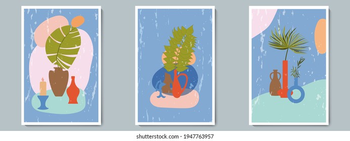 Hand Draw Pottery Vase Poster Set with Tropical Plant and simple Abstract Shape at Texture Dark Blue Background. Ancient Ceramic jug for Poster, Home Decor, Wallpaper in Ecological Antique style