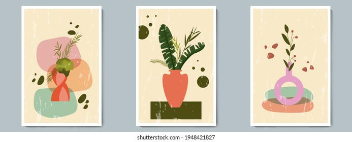 Dibujar mano a mano Vara de cerámica con plantas tropicales y forma geométrica en fondo de poda de textura. Jugo de cerámica para tarjetas de felicitación, afiche, decoración casera, tapiz de estilo ecológico