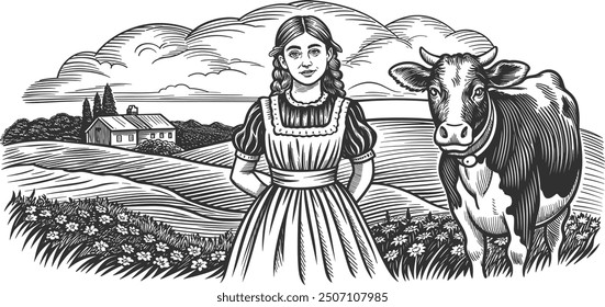 Hand draw pretty girl milkmaid with a cow