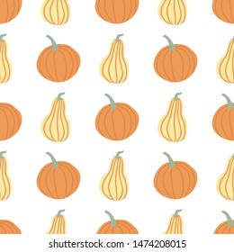 Hand draw Pumpkin Seamless Pattern in simple Doodle Style Vector Background Pumpkins in Pastel color of different shapes isolated on white Background. Template for Halloween, Thanksgiving, Harvest