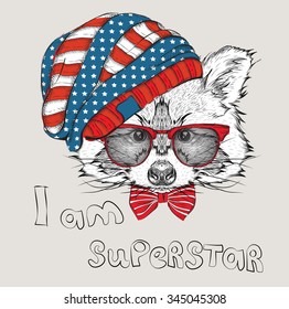 Hand draw raccoon in a USA hat. Vector illustration