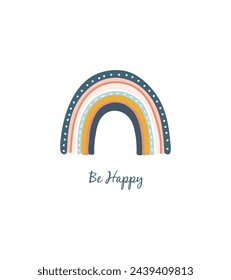 Hand draw rainbow with text hello. Children poster .card, postcard with a rainbow. Poster with rainbow in boho style. Vector illustration.