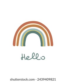 Hand draw rainbow with text hello. Children poster .card, postcard with a rainbow. Poster with rainbow in boho style. Vector illustration.