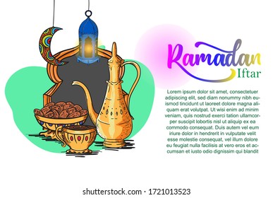 Hand draw Ramadan Iftar illustration with Lantern and Sweet Dates for Islamic Holy Month, Iftar Party.