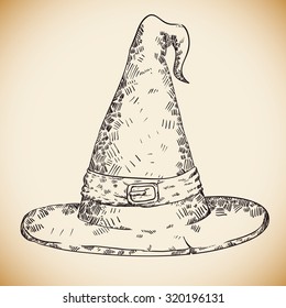 Hand Draw Realistic Witch Hat, Vector Illustration