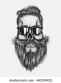 Hand draw retro grunge hipster skull, hair, mustashe and beard artwork