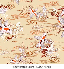 Hand Draw Retro Koi Fish Japanese Style Seamless Pattern Pond Fish Swimming Underwater on Yellow Beige Background Wallpaper, Koi Fish Vector illustration 