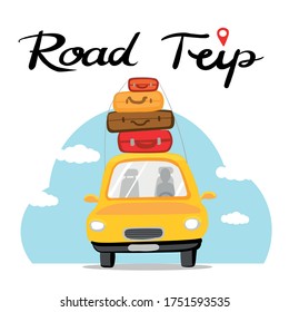Hand draw road trip  yellow car with lettering
