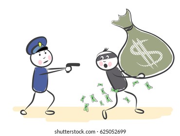 hand draw robber runs away from policeman with a bag of money and overspend.Doodle miniature scenes. Hand drawn vector illustration for web design and infographic.