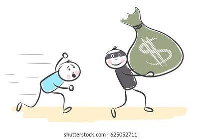 hand draw robber runs away from the man.Doodle miniature scenes. Hand drawn vector illustration for web design and infographic.