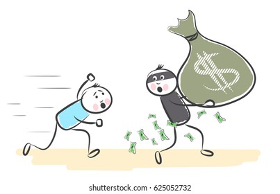 hand draw robber runs away from the man with a bag of money and overspend.Doodle miniature scenes. Hand drawn vector illustration for web design and infographic.