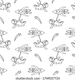 Hand draw rocket or spaceships with austronaut in open space seamless pattern for comic cartoon design. Vector symbols of cosmonaut vehicle