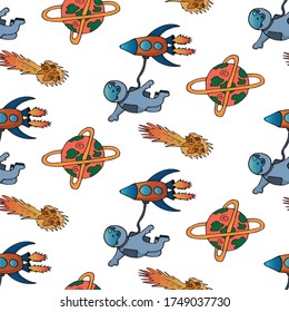 Hand draw rocket or spaceships with austronaut in open space seamless pattern for comic cartoon design. Vector symbols of cosmonaut vehicle