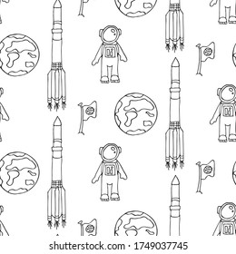 Hand draw rocket or spaceships with austronaut in open space seamless pattern for comic cartoon design. Vector symbols of cosmonaut vehicle