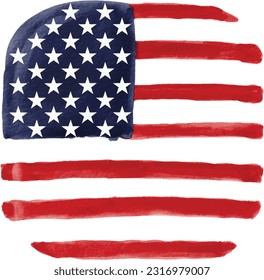 Hand draw rounded square shape USA flag  watercolor  brush paint isolate on white background. Vector illustration 