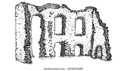 Hand draw ruins old building or ancient castle isolated on white background. Vector illustration in monochrome vintage style. Architecture sketch.