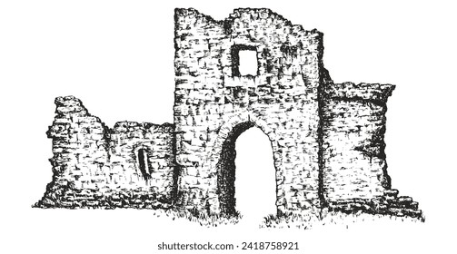 Hand draw ruins old building or ancient castle isolated on white background. Vector illustration in monochrome vintage style. Architecture sketch.