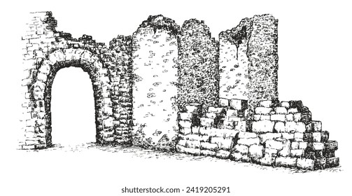 Hand draw ruins old building or ancient castle isolated on white background. Vector illustration in monochrome vintage style. Architecture sketch.