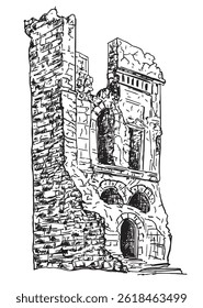 Hand draw ruins old building or ancient castle isolated on white background. Architecture sketch. Ancient fortress. Ruined tower. Vector illustration in monochrome vintage style.