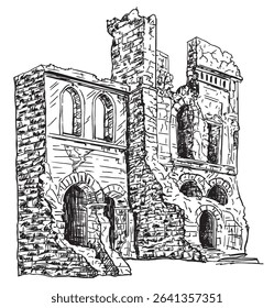 Hand draw ruins old building or ancient castle isolated on white background. Architecture sketch. Ruined tower. Vector illustration in monochrome vintage style.